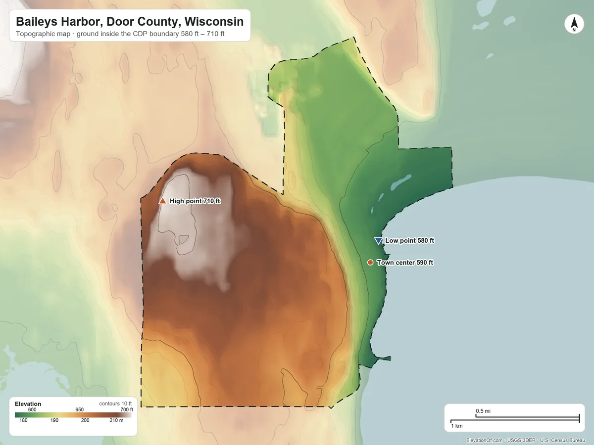 Topographic elevation map of Baileys Harbor, Door County, Wisconsin, shaded from 580 ft near the middle to 710 ft on the west side