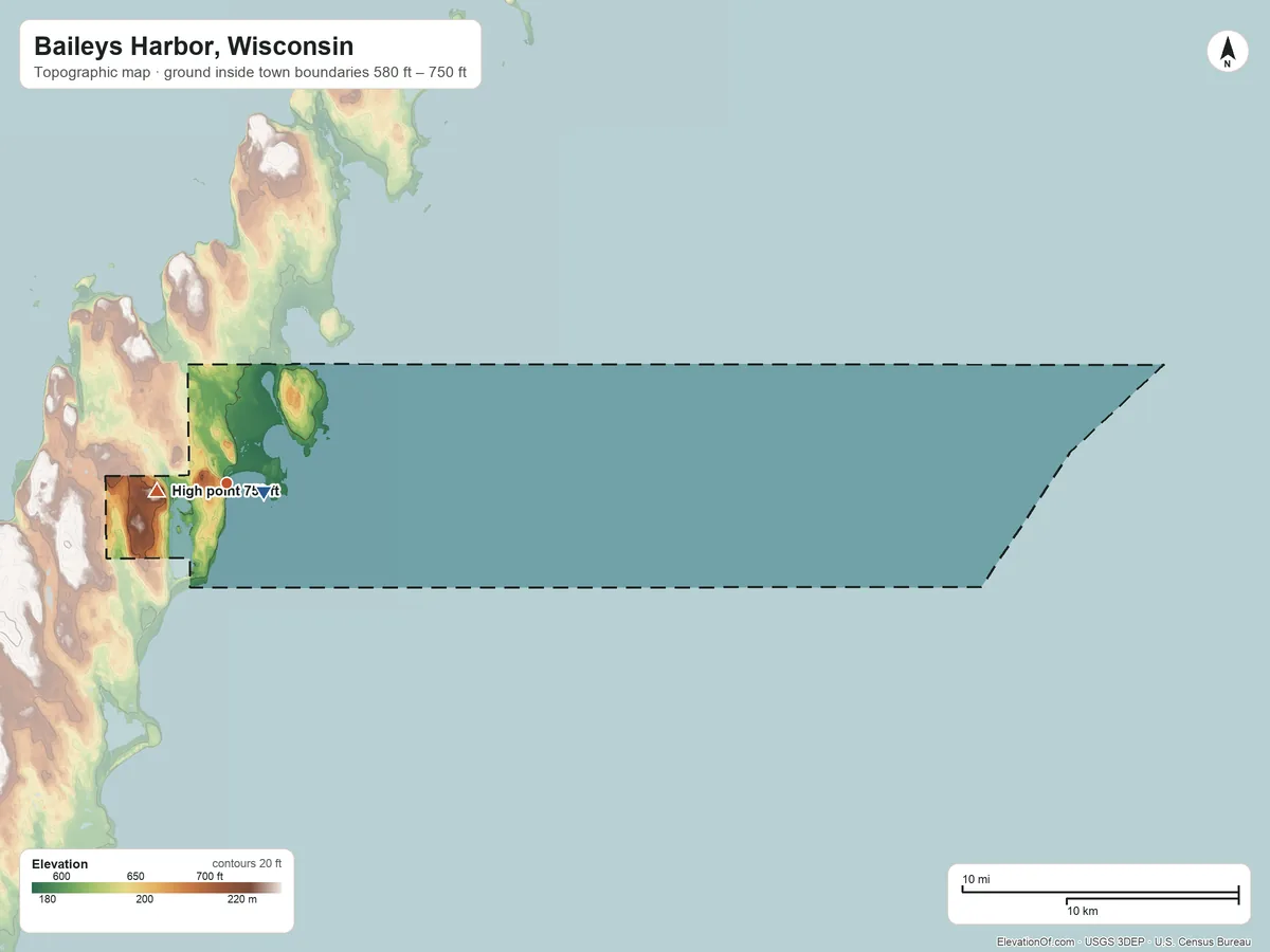 Topographic elevation map of Baileys Harbor, Wisconsin, shaded from 580 ft near the middle to 750 ft near the middle