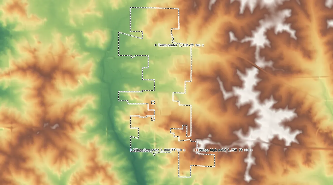 Topographic elevation map of Baldwin, Wisconsin, shaded from 1,080 ft on the south side to 1,250 ft on the south side