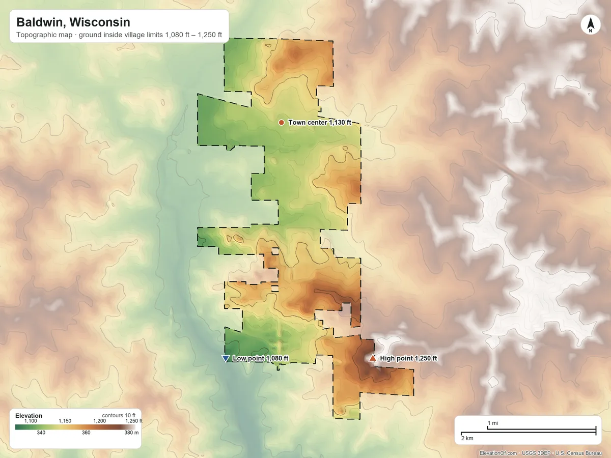 Topographic elevation map of Baldwin, Wisconsin, shaded from 1,080 ft on the south side to 1,250 ft on the south side