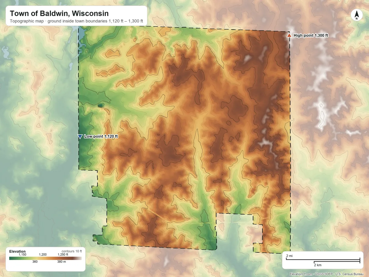 Topographic elevation map of Town of Baldwin, Wisconsin, shaded from 1,120 ft on the west side to 1,300 ft on the northeast side