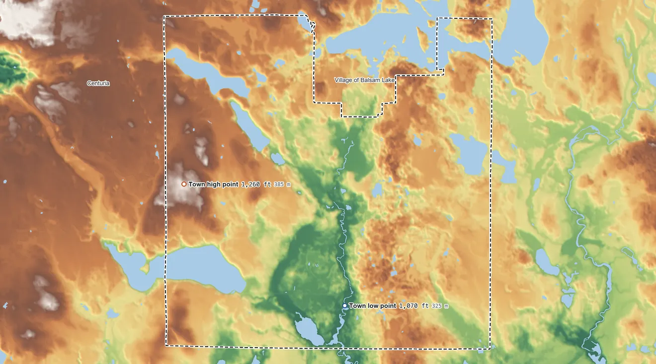 Topographic elevation map of Balsam Lake, Wisconsin, shaded from 1,070 ft on the southeast side to 1,260 ft on the west side