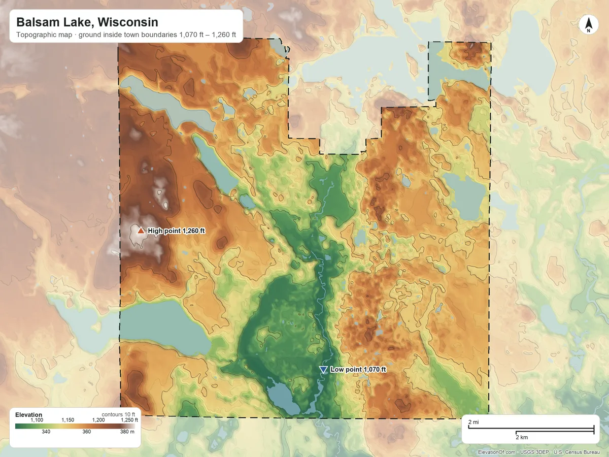 Topographic elevation map of Balsam Lake, Wisconsin, shaded from 1,070 ft on the southeast side to 1,260 ft on the west side