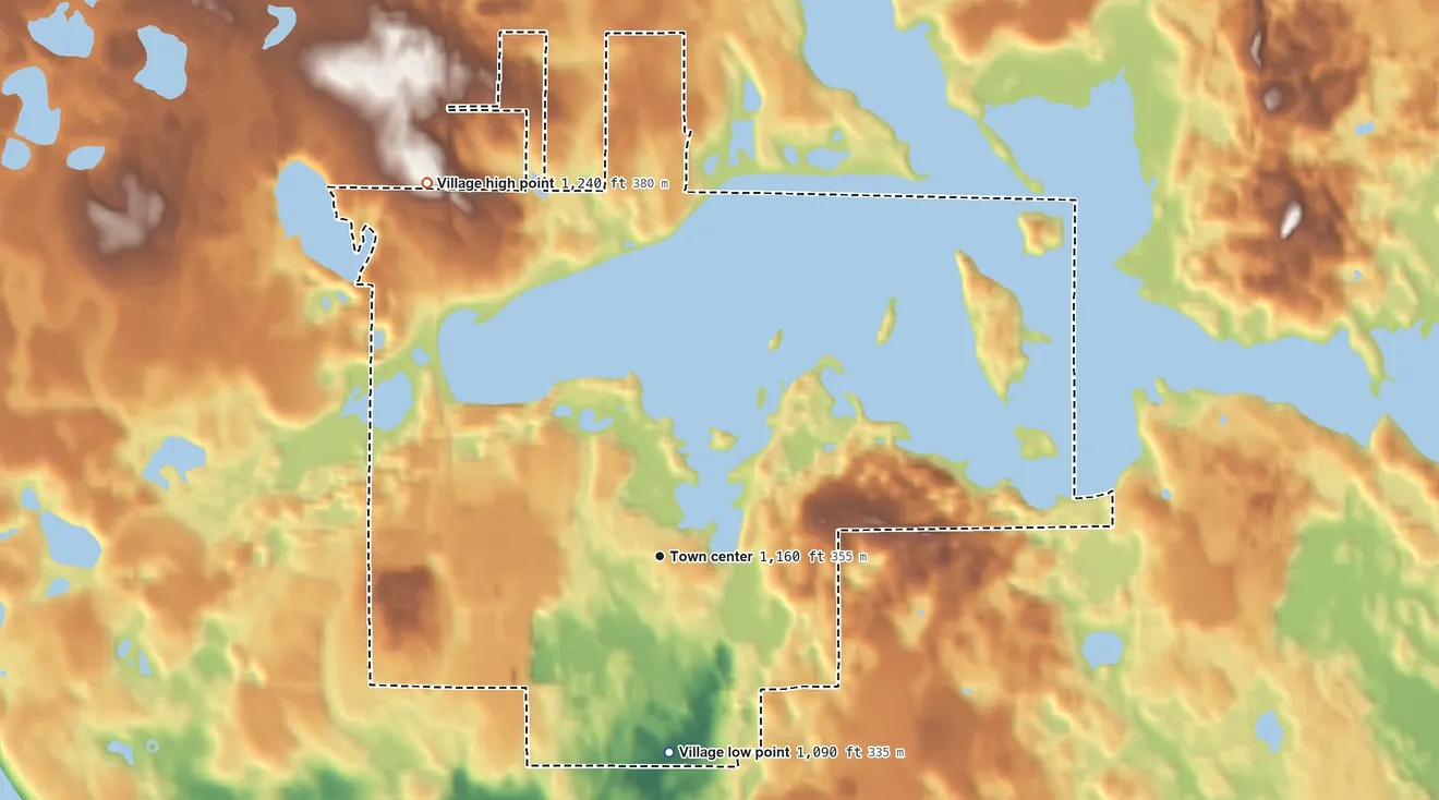 Topographic elevation map of Village of Balsam Lake, Wisconsin, shaded from 1,090 ft on the south side to 1,240 ft on the northwest side