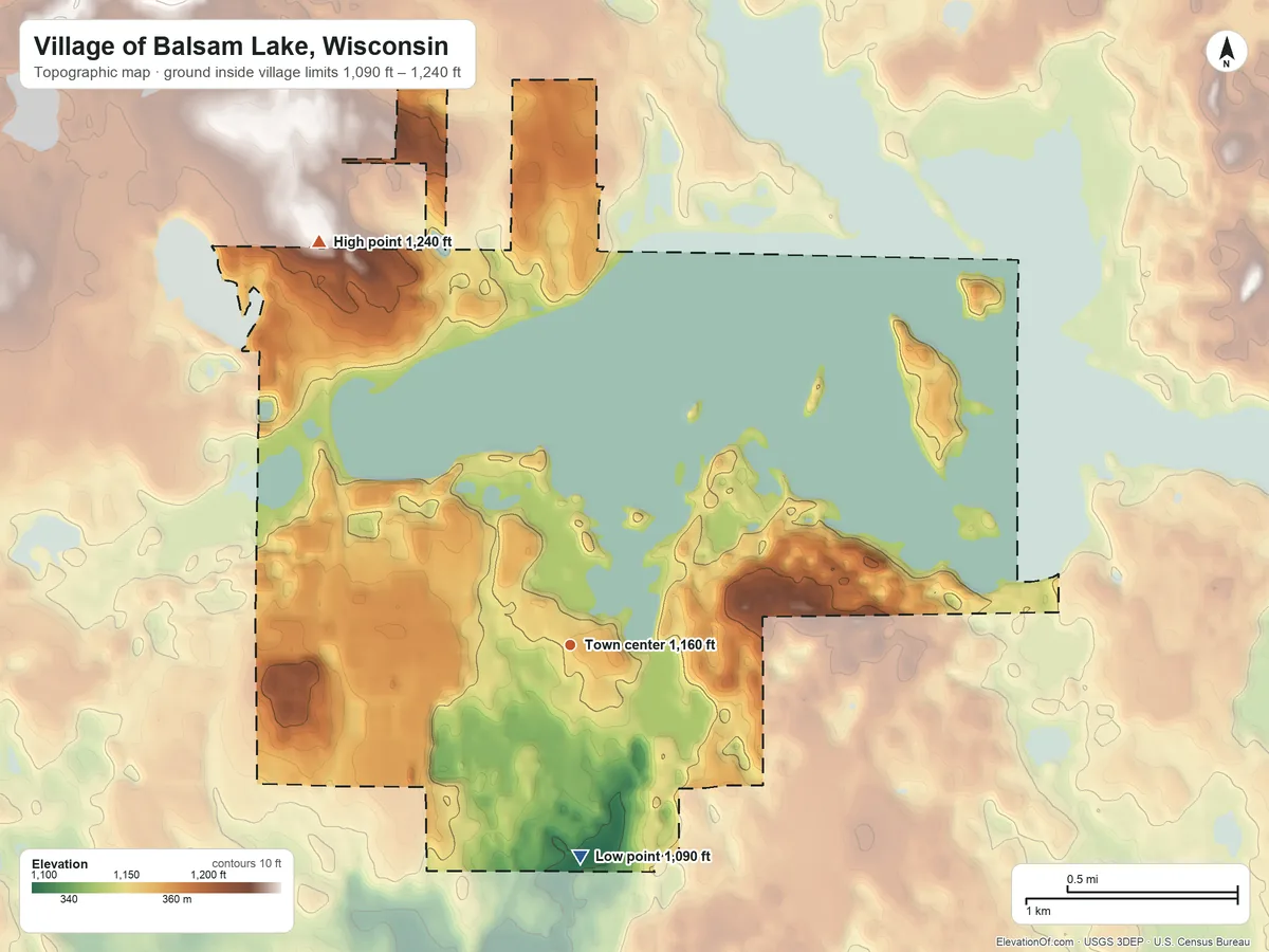 Topographic elevation map of Village of Balsam Lake, Wisconsin, shaded from 1,090 ft on the south side to 1,240 ft on the northwest side