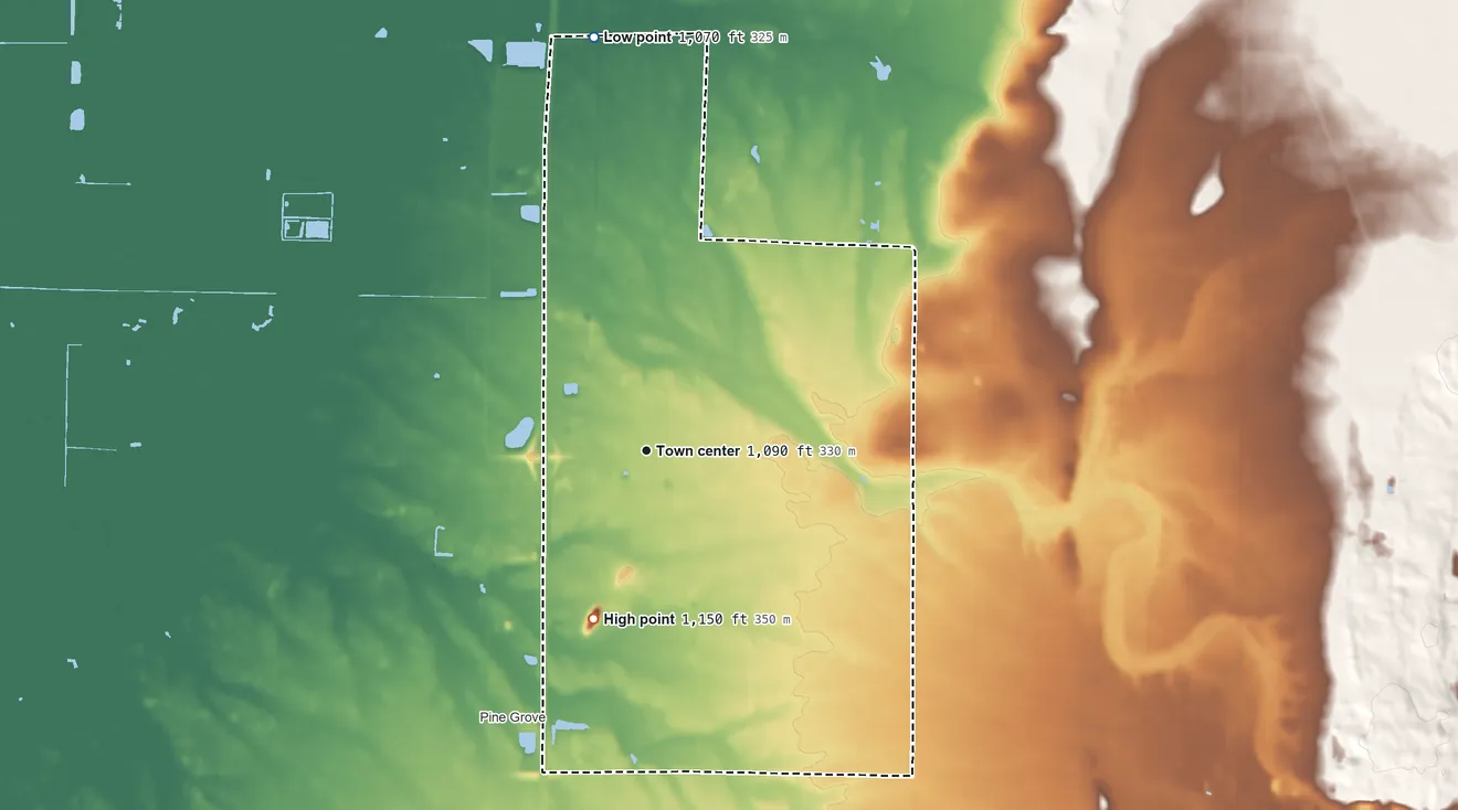 Topographic elevation map of Bancroft, Wisconsin, shaded from 1,070 ft on the north side to 1,150 ft on The Ledge