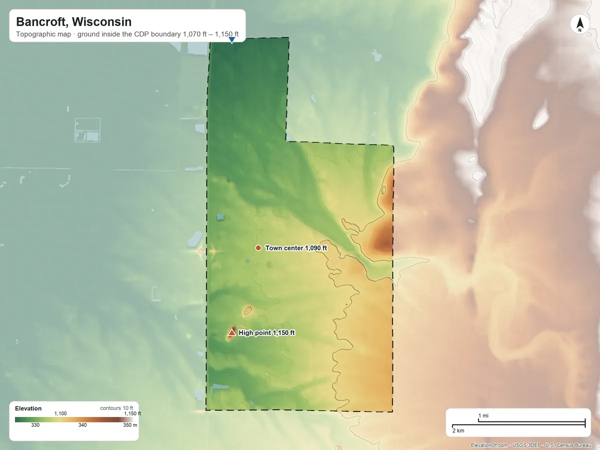 Topographic elevation map of Bancroft, Wisconsin, shaded from 1,070 ft on the north side to 1,150 ft on The Ledge