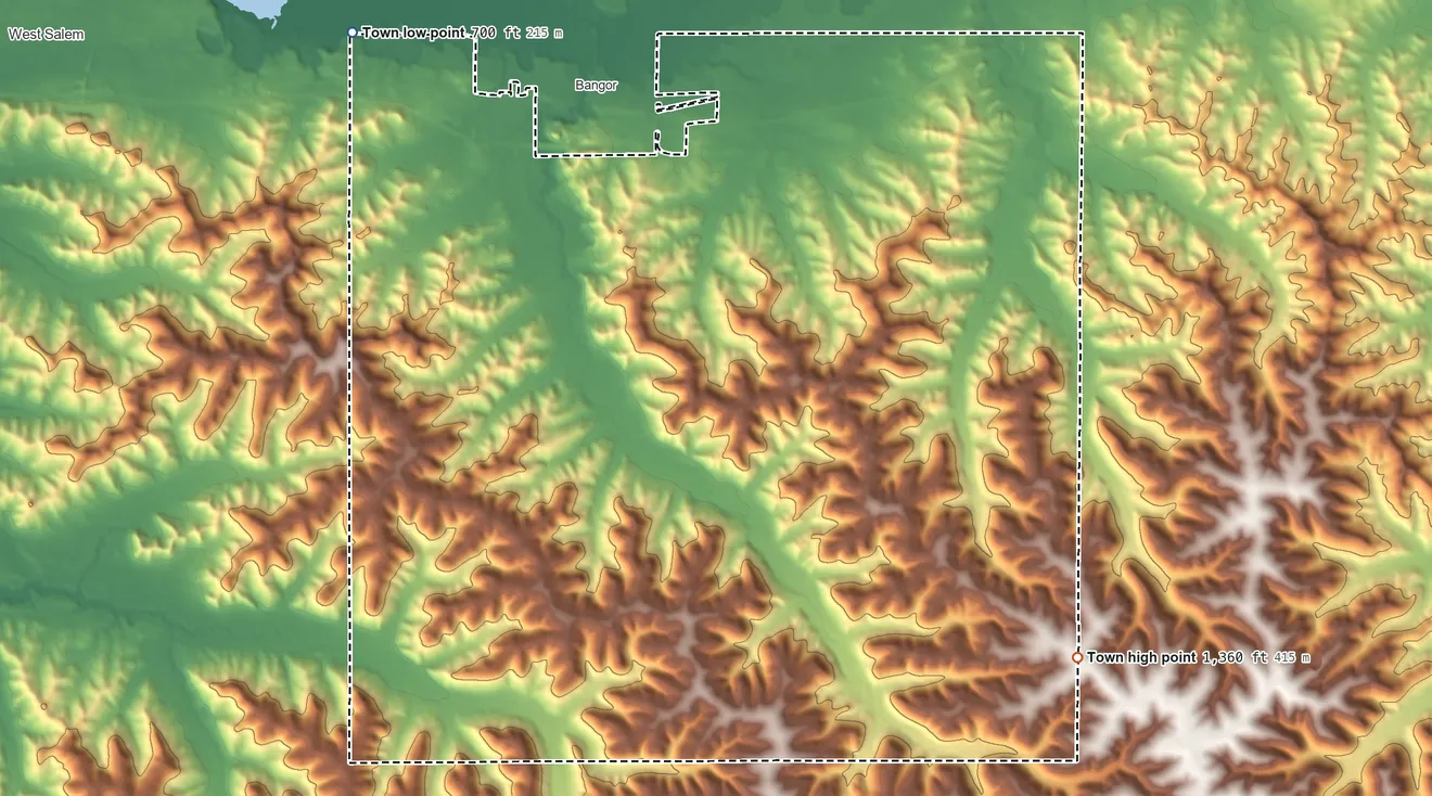 Topographic elevation map of Town of Bangor, Wisconsin, shaded from 700 ft on the northwest side to 1,360 ft on the southeast side