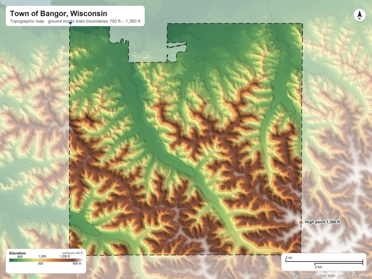 Topographic elevation map of Town of Bangor, Wisconsin, shaded from 700 ft on the northwest side to 1,360 ft on the southeast side