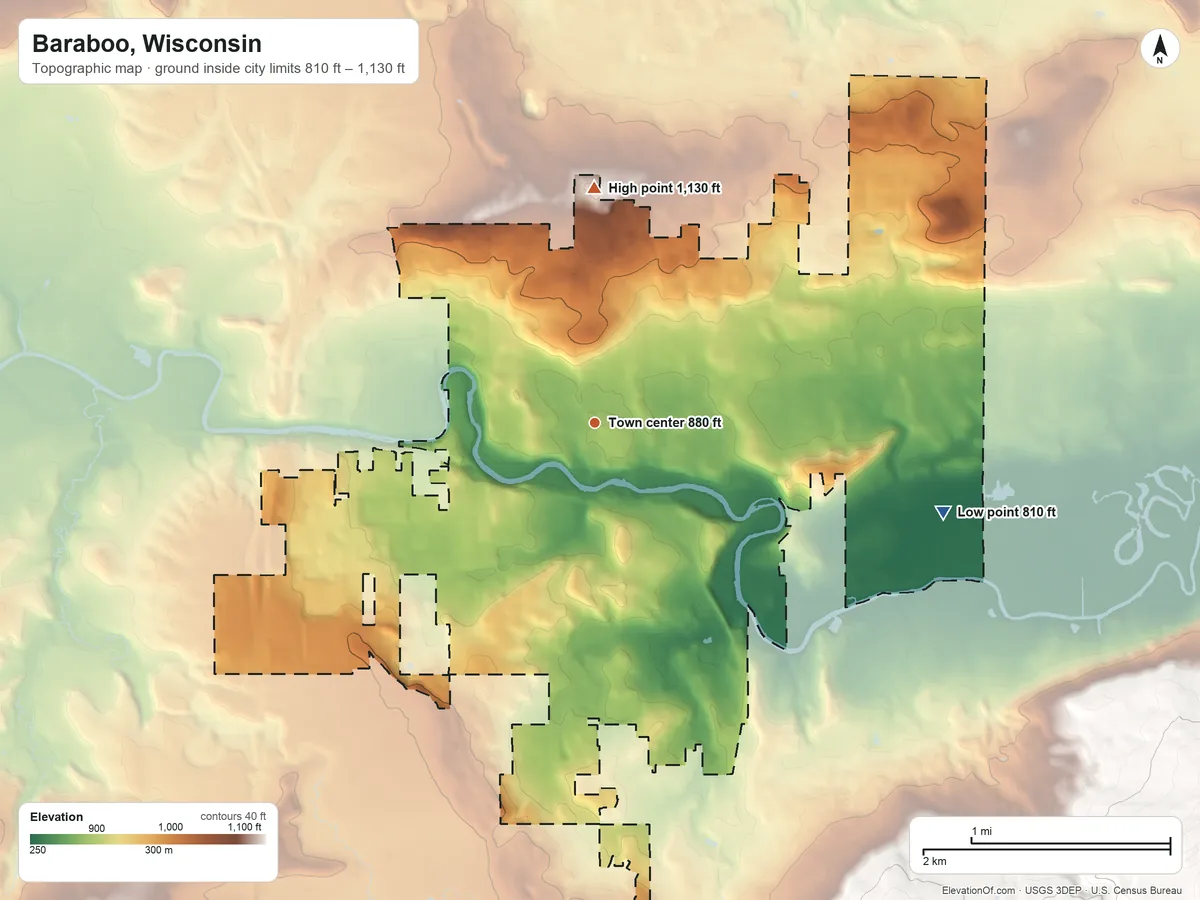 Topographic elevation map of Baraboo, Wisconsin, shaded from 810 ft on the east side to 1,130 ft on the north side