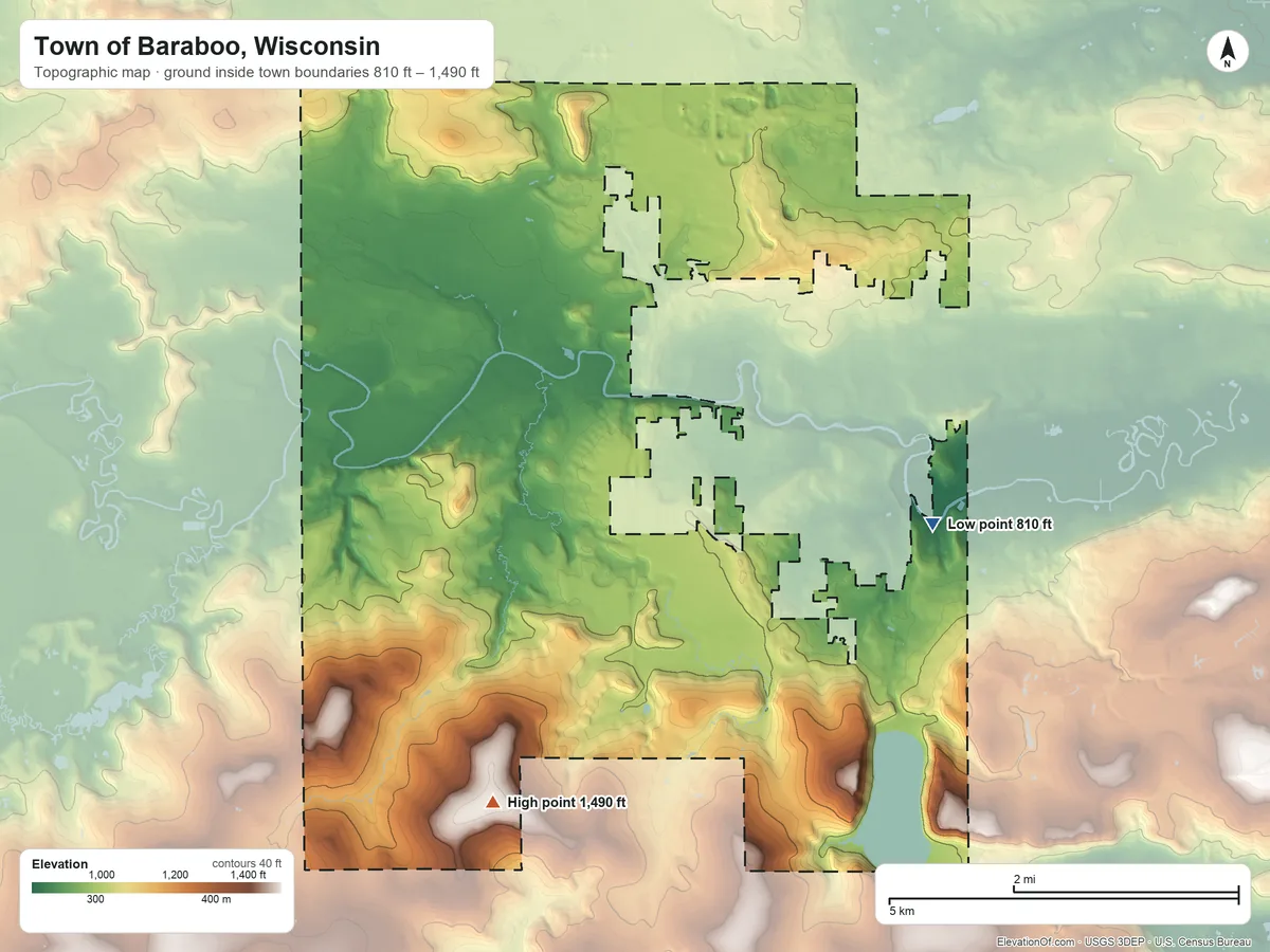 Topographic elevation map of Town of Baraboo, Wisconsin, shaded from 810 ft on the southeast side to 1,490 ft on the southwest side