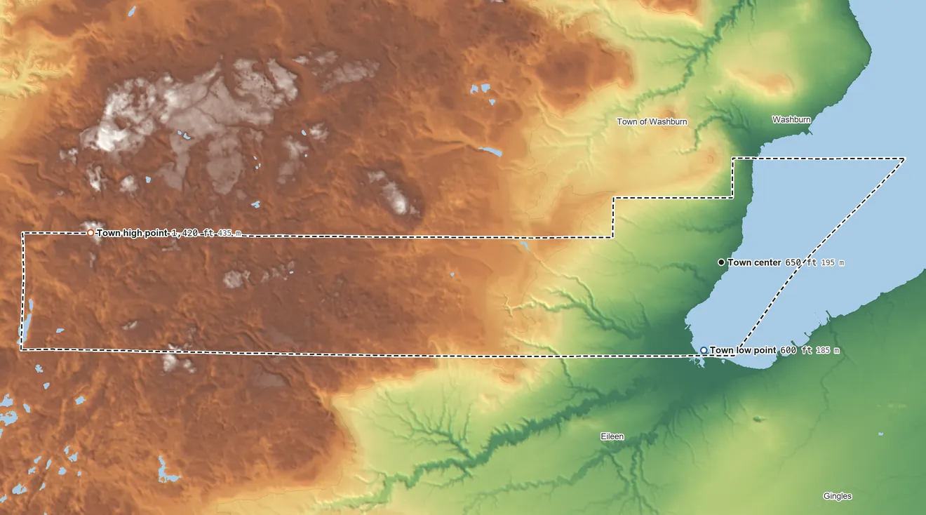 Topographic elevation map of Barksdale, Wisconsin, shaded from 600 ft near the middle to 1,420 ft on the west side