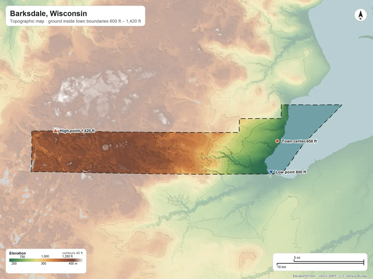Topographic elevation map of Barksdale, Wisconsin, shaded from 600 ft near the middle to 1,420 ft on the west side