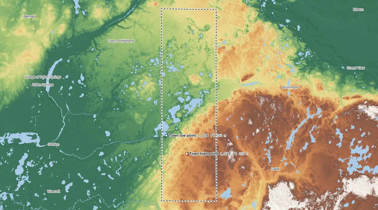 Topographic elevation map of Barnes, Wisconsin, shaded from 1,120 ft on the south side to 1,506 ft on Smoky Hill