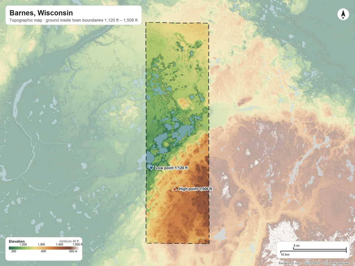 Topographic elevation map of Barnes, Wisconsin, shaded from 1,120 ft on the south side to 1,506 ft on Smoky Hill