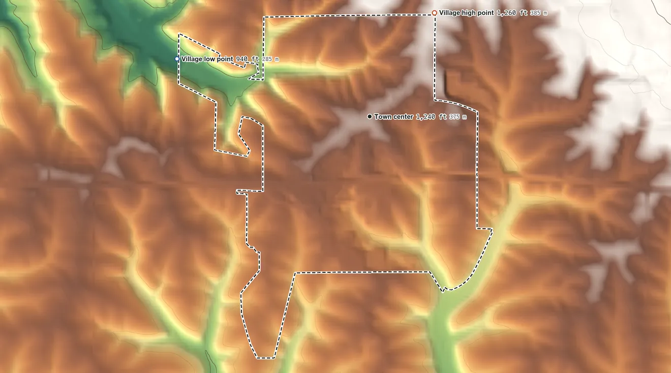 Topographic elevation map of Barneveld, Wisconsin, shaded from 940 ft on the west side to 1,260 ft on the northeast edge, below higher ground just outside