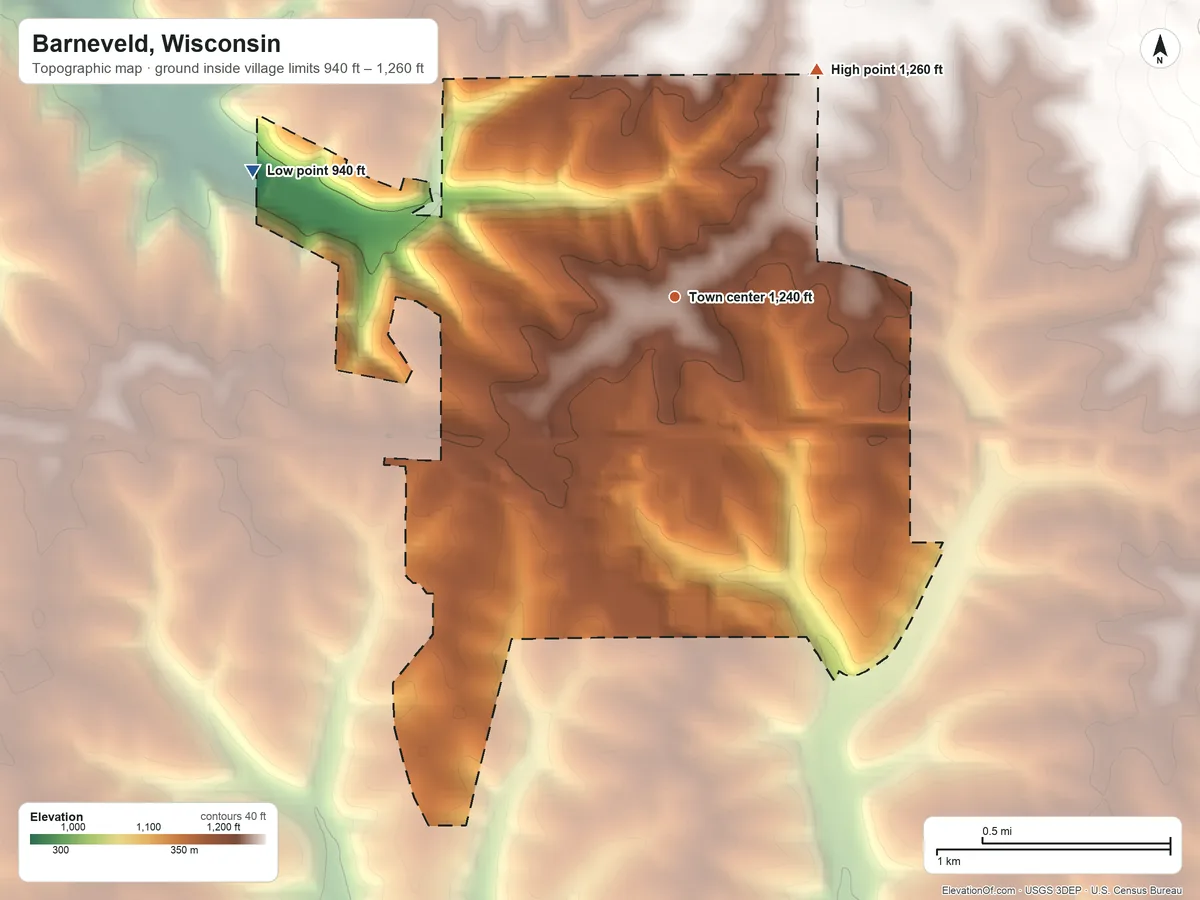 Topographic elevation map of Barneveld, Wisconsin, shaded from 940 ft on the west side to 1,260 ft on the northeast edge, below higher ground just outside