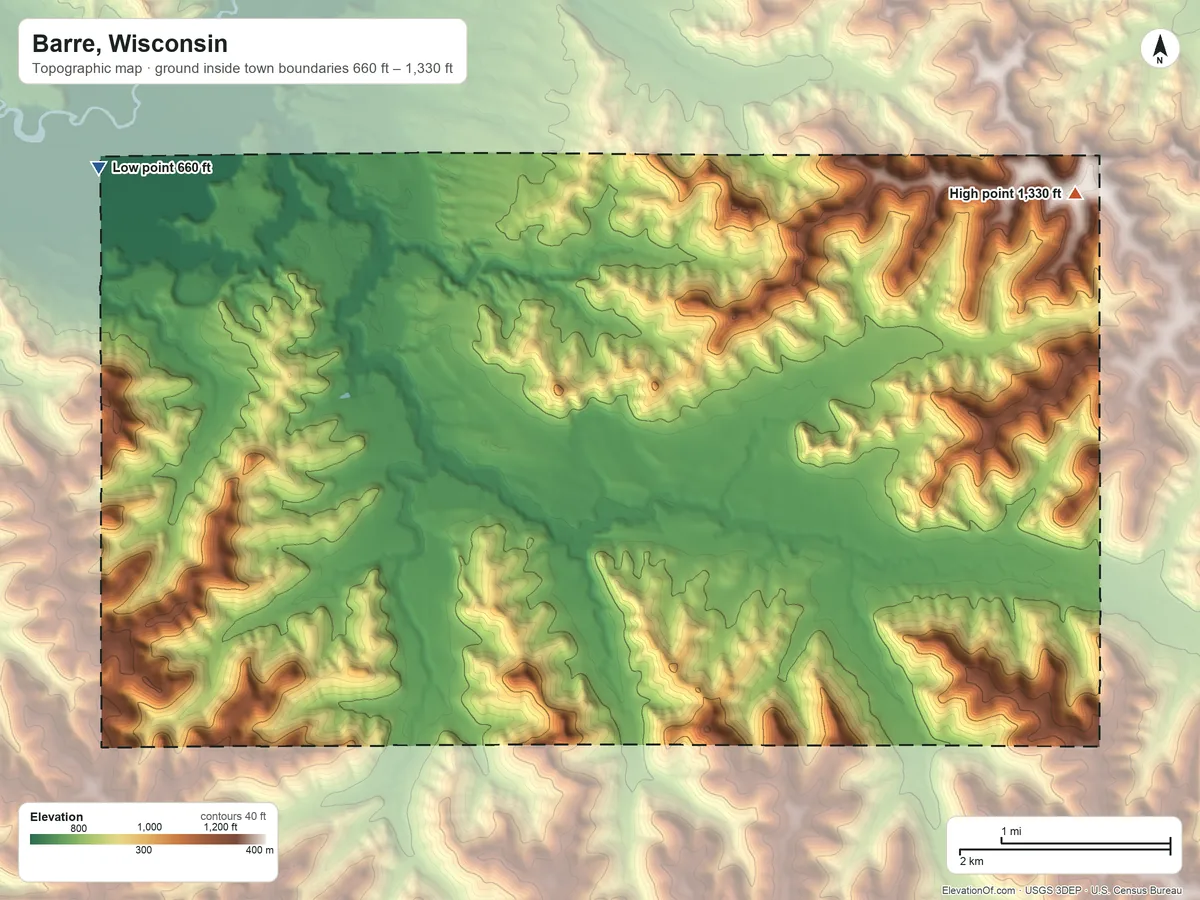 Topographic elevation map of Barre, Wisconsin, shaded from 660 ft on the northwest side to 1,330 ft on the east side
