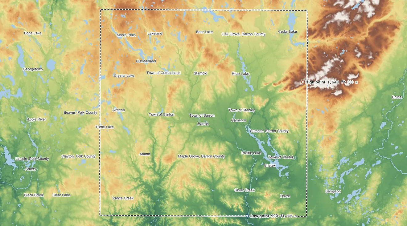 Topographic elevation map of Barron County, Wisconsin, shaded from 990 ft on the southeast side to 1,640 ft on the east side