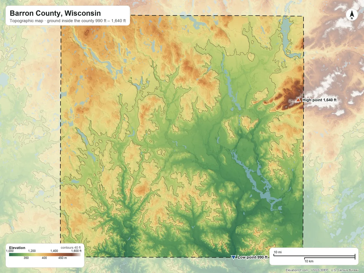 Topographic elevation map of Barron County, Wisconsin, shaded from 990 ft on the southeast side to 1,640 ft on the east side