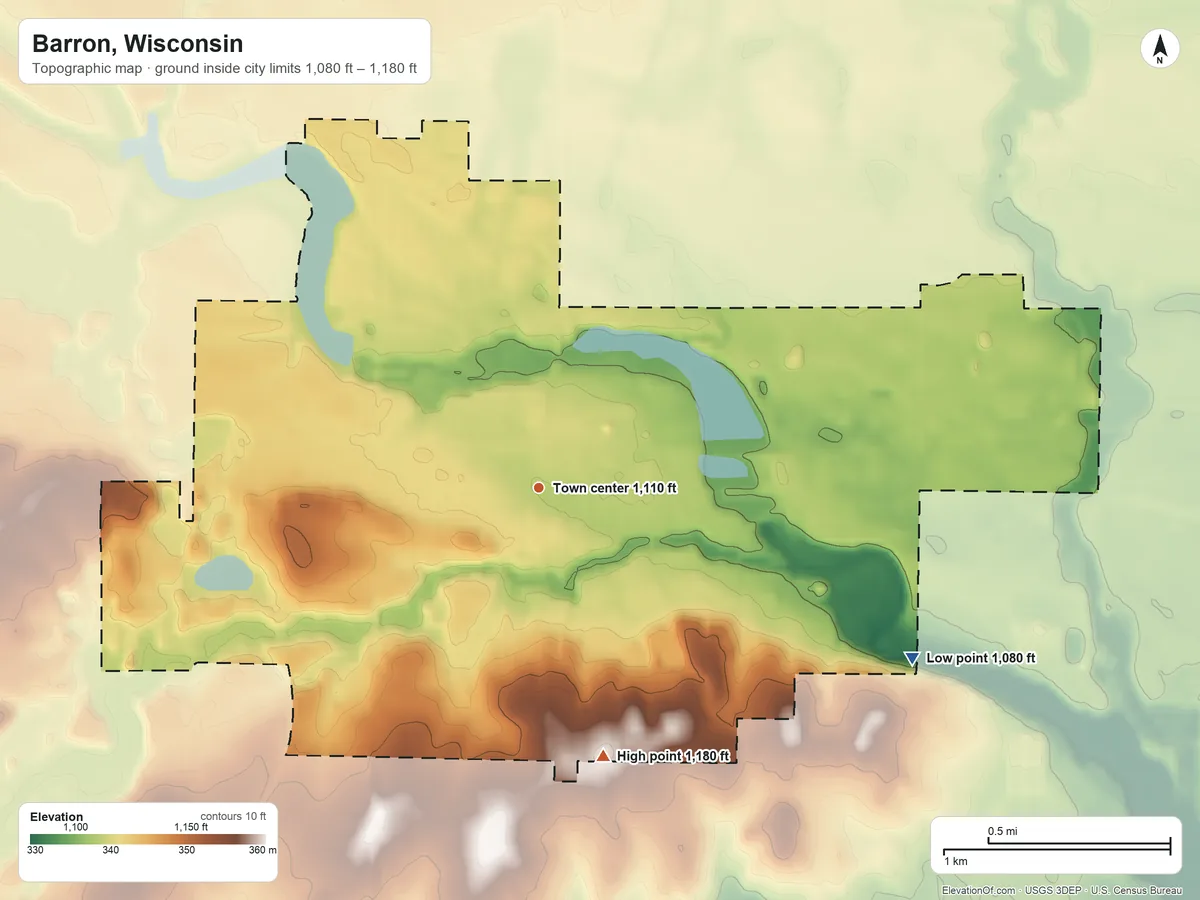 Topographic elevation map of Barron, Wisconsin, shaded from 1,080 ft on the southeast side to 1,180 ft on the south side