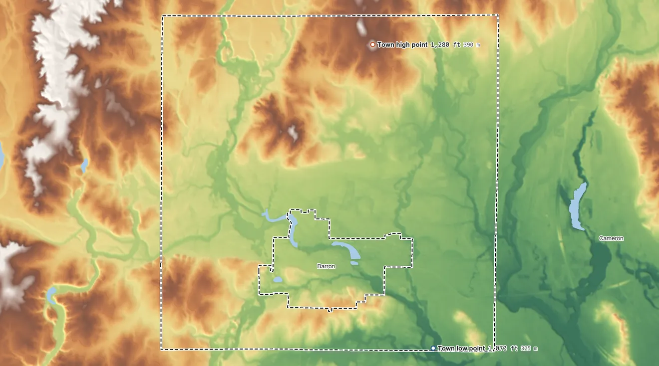 Topographic elevation map of Town of Barron, Wisconsin, shaded from 1,070 ft on the southeast side to 1,280 ft on the north side