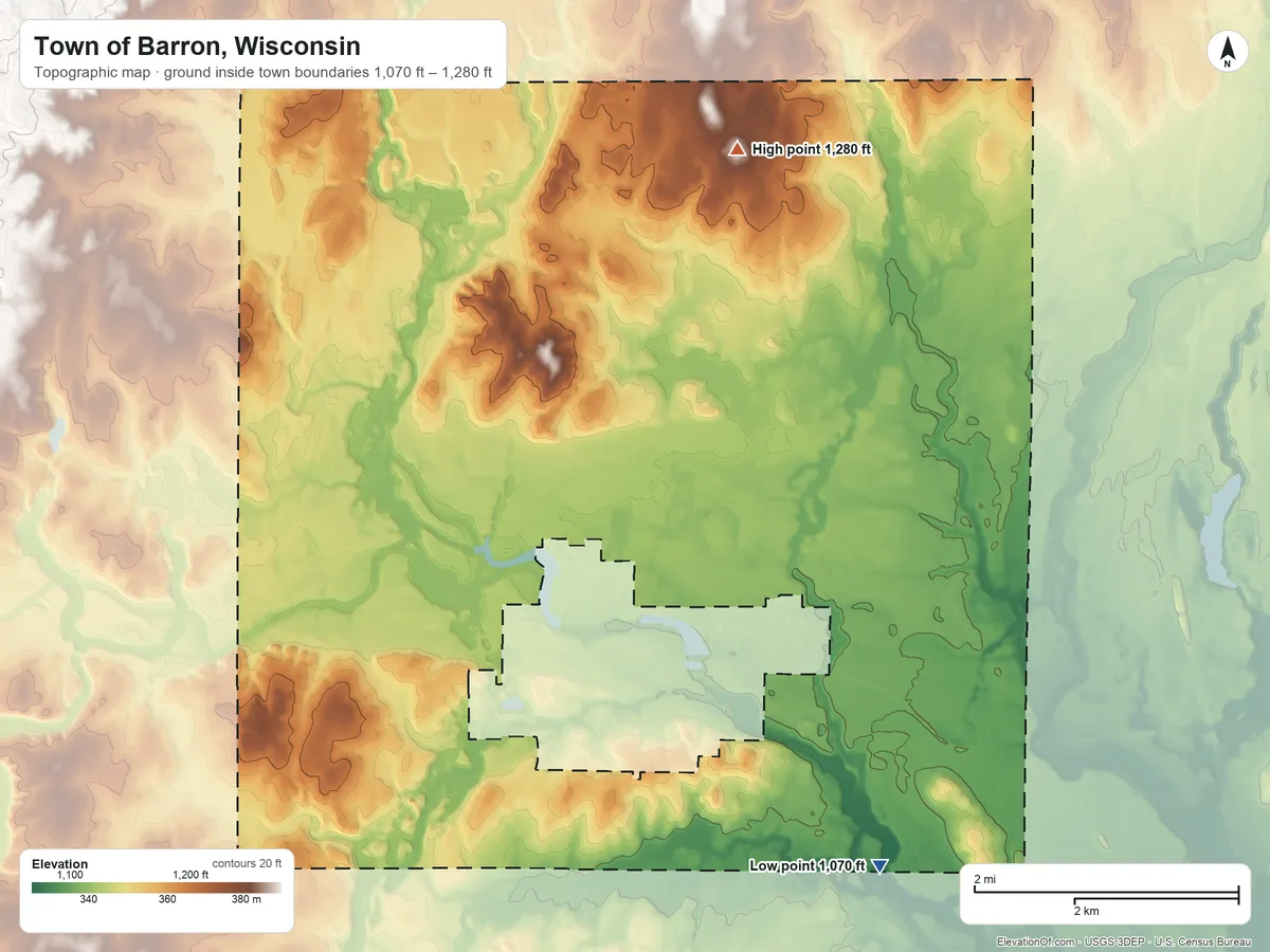 Topographic elevation map of Town of Barron, Wisconsin, shaded from 1,070 ft on the southeast side to 1,280 ft on the north side