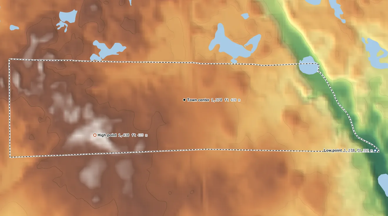 Topographic elevation map of Barronett, Barron County, Wisconsin, shaded from 1,270 ft on the east side to 1,430 ft on the west side
