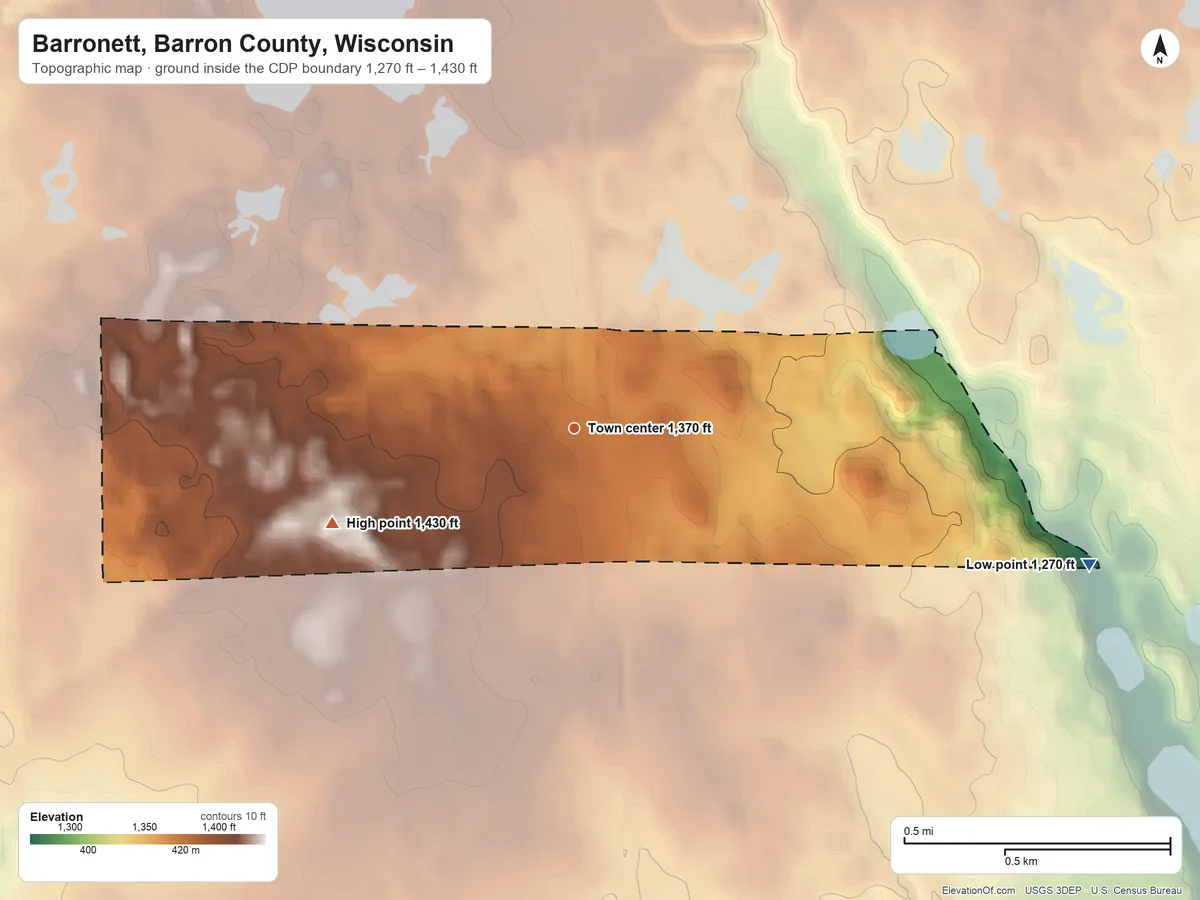 Topographic elevation map of Barronett, Barron County, Wisconsin, shaded from 1,270 ft on the east side to 1,430 ft on the west side