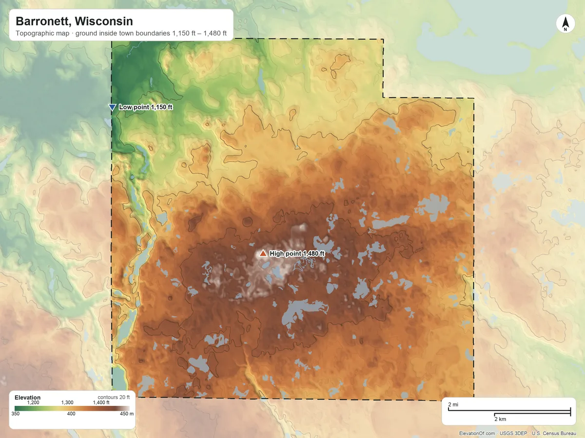Topographic elevation map of Barronett, Wisconsin, shaded from 1,150 ft on the northwest side to 1,480 ft on the south side