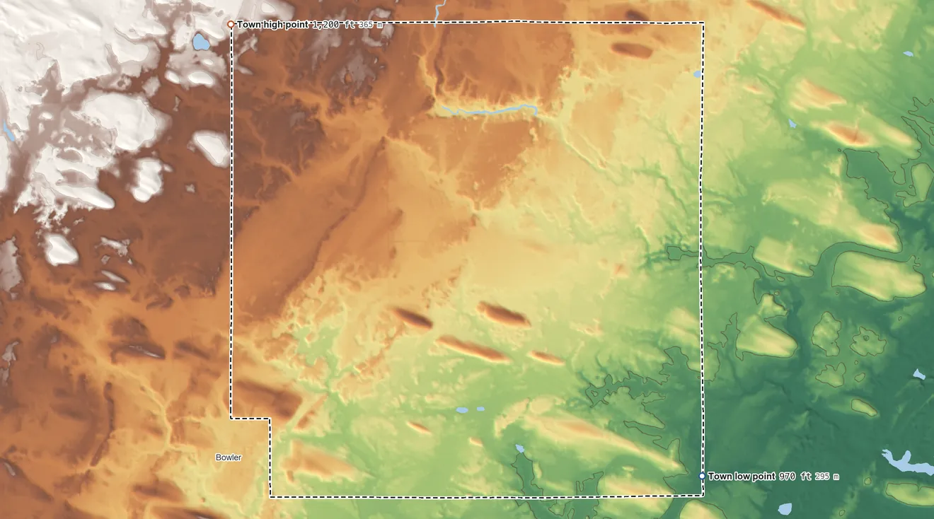 Topographic elevation map of Bartelme, Wisconsin, shaded from 970 ft on the southeast side to 1,200 ft on the northwest side
