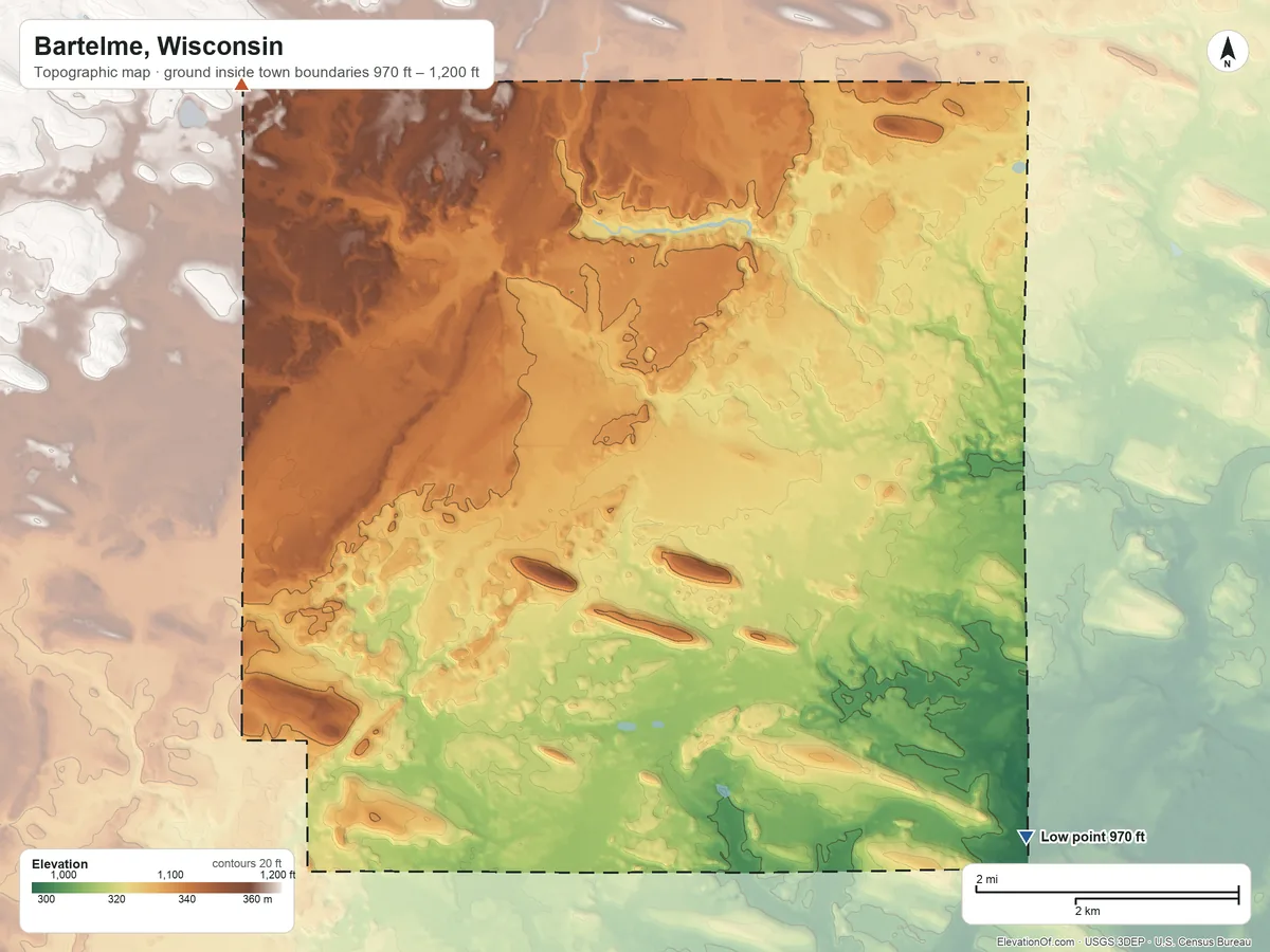 Topographic elevation map of Bartelme, Wisconsin, shaded from 970 ft on the southeast side to 1,200 ft on the northwest side