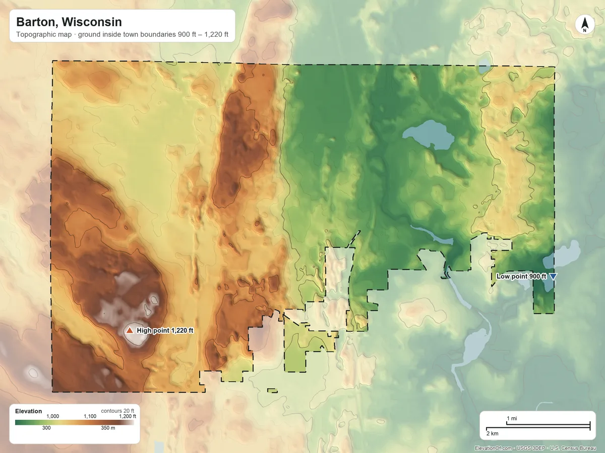 Topographic elevation map of Barton, Wisconsin, shaded from 900 ft on the east side to 1,220 ft on the southwest side