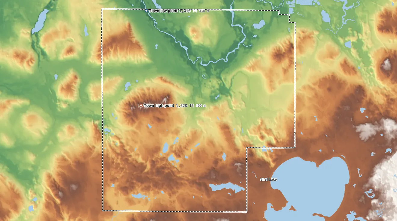 Topographic elevation map of Bashaw, Wisconsin, shaded from 1,010 ft on the northwest side to 1,320 ft on the west side