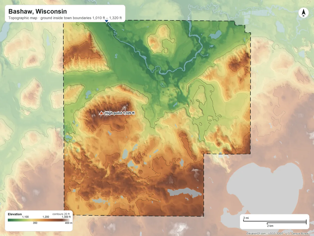 Topographic elevation map of Bashaw, Wisconsin, shaded from 1,010 ft on the northwest side to 1,320 ft on the west side