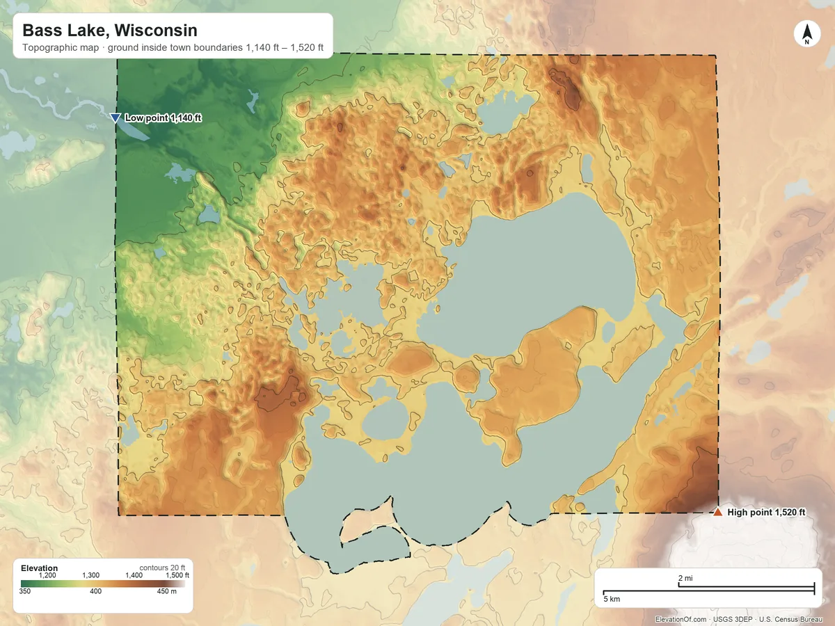 Topographic elevation map of Bass Lake, Wisconsin, shaded from 1,140 ft on the west side to 1,520 ft on the southeast side