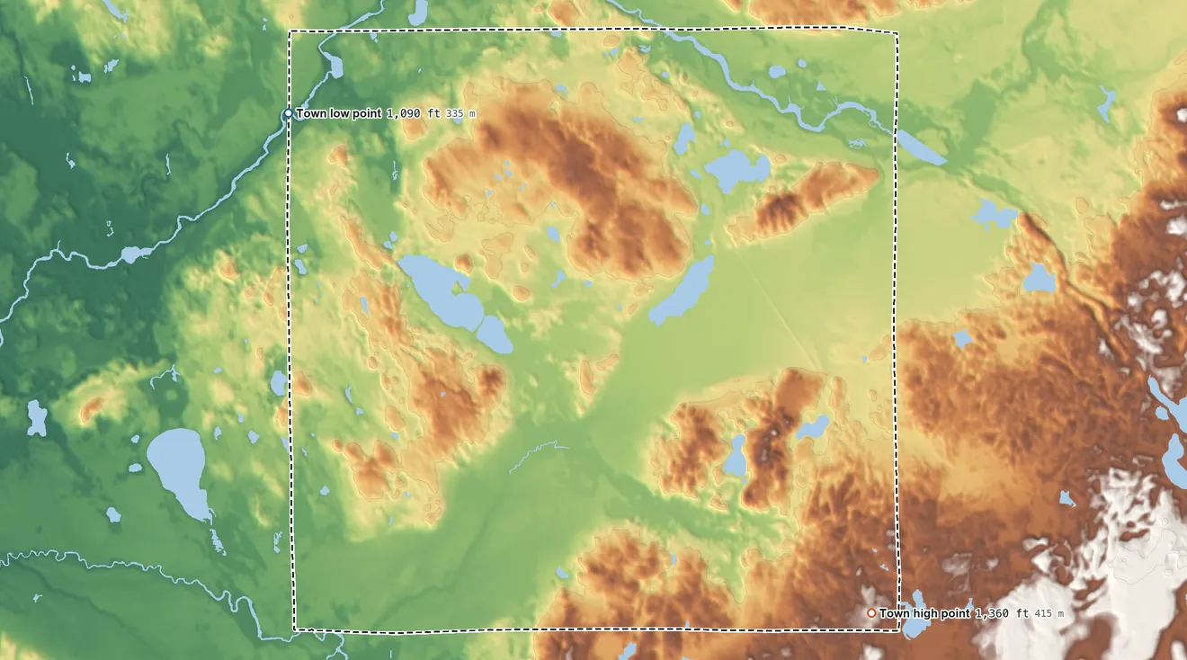 Topographic elevation map of Bass Lake, Washburn County, Wisconsin, shaded from 1,090 ft on the northwest side to 1,360 ft on the southeast side