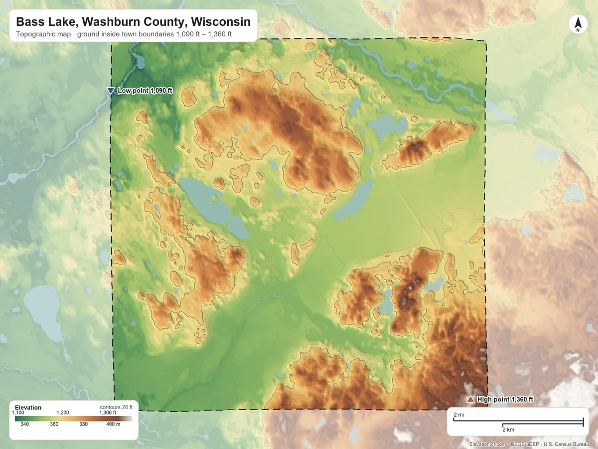 Topographic elevation map of Bass Lake, Washburn County, Wisconsin, shaded from 1,090 ft on the northwest side to 1,360 ft on the southeast side