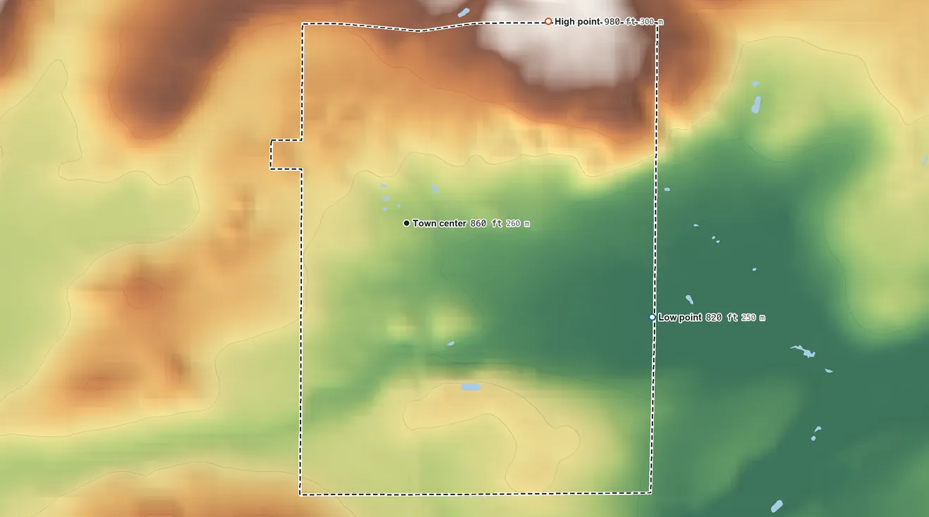 Topographic elevation map of Batavia, Wisconsin, shaded from 820 ft on the east side to 980 ft on the northeast side