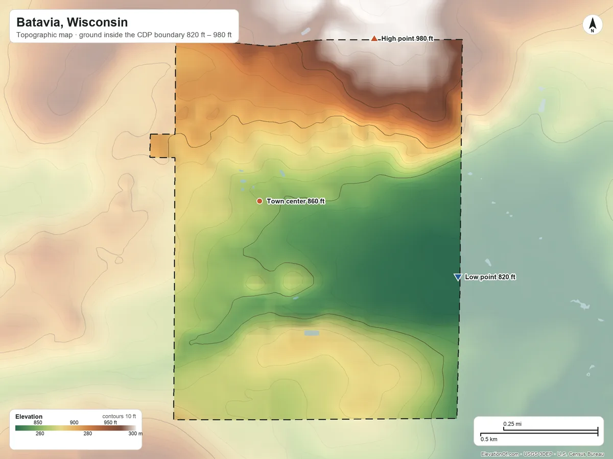 Topographic elevation map of Batavia, Wisconsin, shaded from 820 ft on the east side to 980 ft on the northeast side