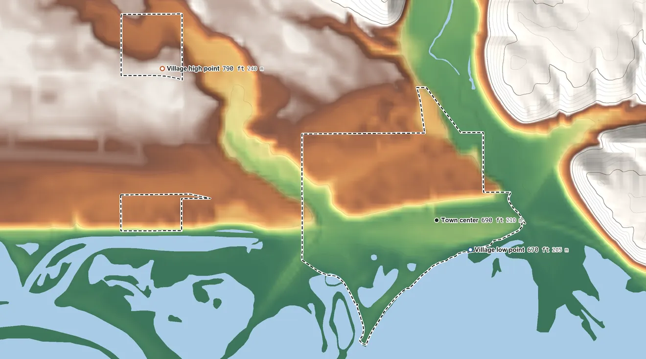 Topographic elevation map of Bay City, Wisconsin, shaded from 670 ft near the middle to 790 ft at the foot of the West Bluff