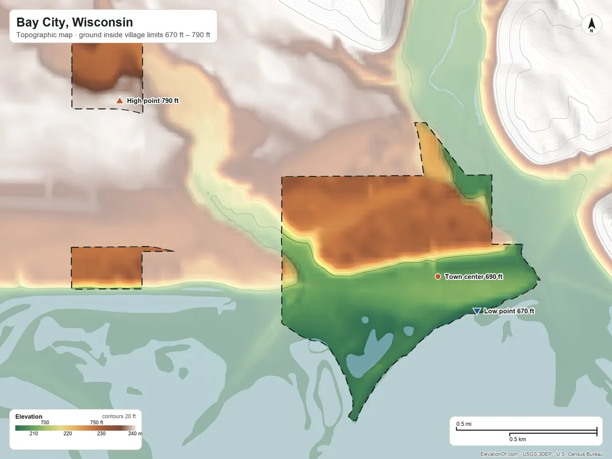 Topographic elevation map of Bay City, Wisconsin, shaded from 670 ft near the middle to 790 ft at the foot of the West Bluff