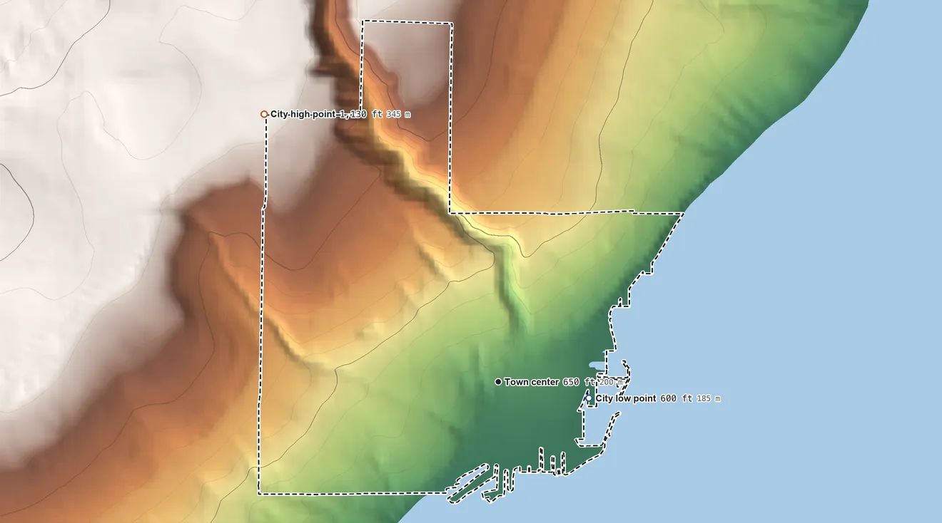 Topographic elevation map of City of Bayfield, Wisconsin, shaded from 600 ft on the east side to 1,130 ft on the northwest side