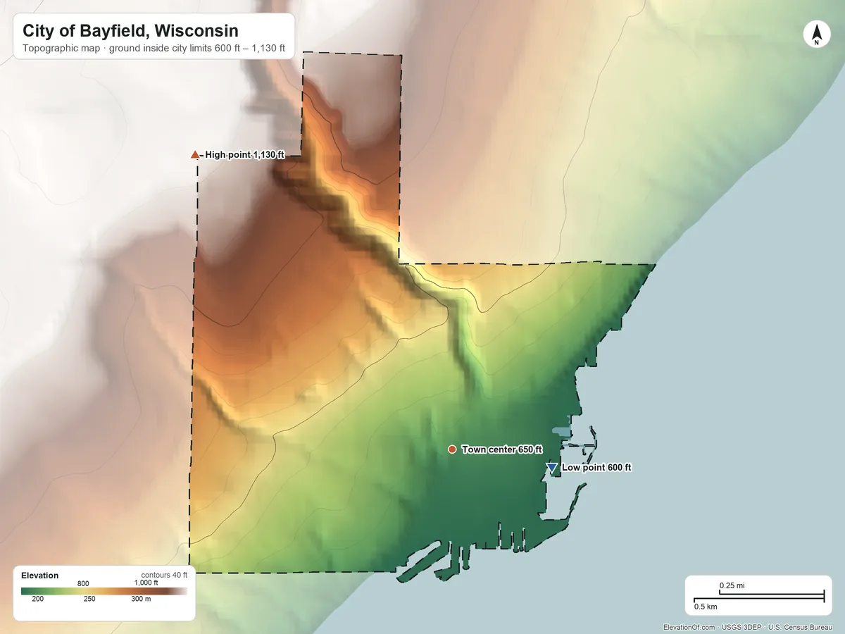 Topographic elevation map of City of Bayfield, Wisconsin, shaded from 600 ft on the east side to 1,130 ft on the northwest side