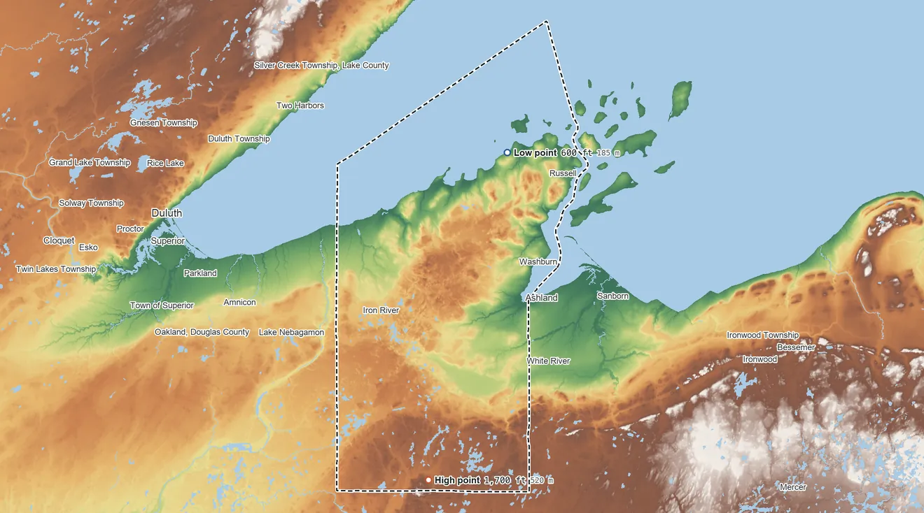 Topographic elevation map of Bayfield County, Wisconsin, shaded from 600 ft on the northeast side to 1,700 ft on Mount Telemark