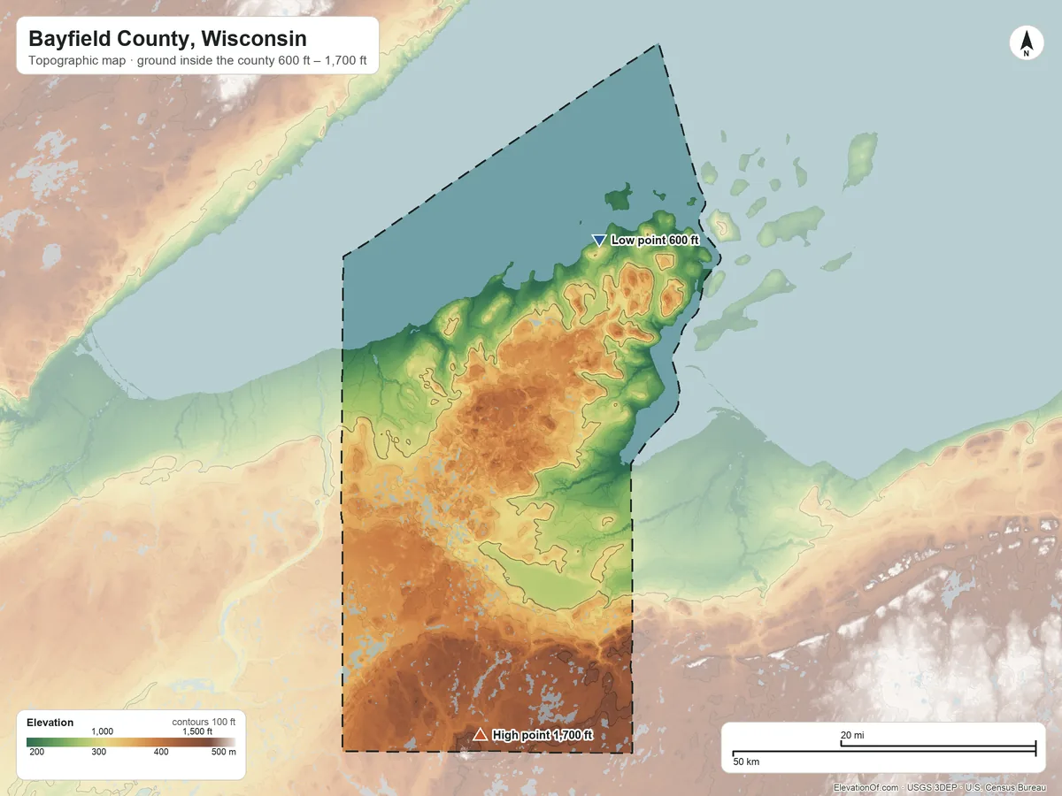 Topographic elevation map of Bayfield County, Wisconsin, shaded from 600 ft on the northeast side to 1,700 ft on Mount Telemark