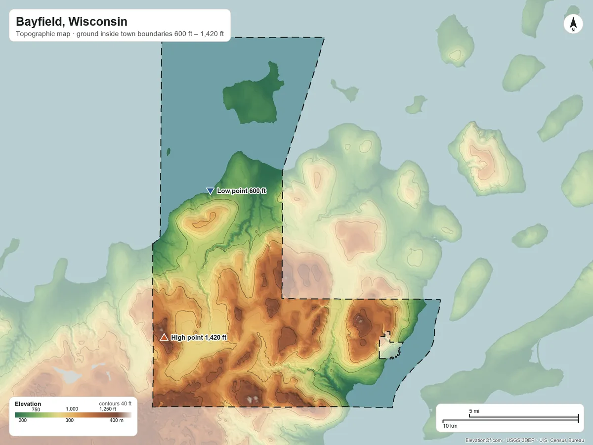 Topographic elevation map of Bayfield, Wisconsin, shaded from 600 ft on the northwest side to 1,420 ft on the west side