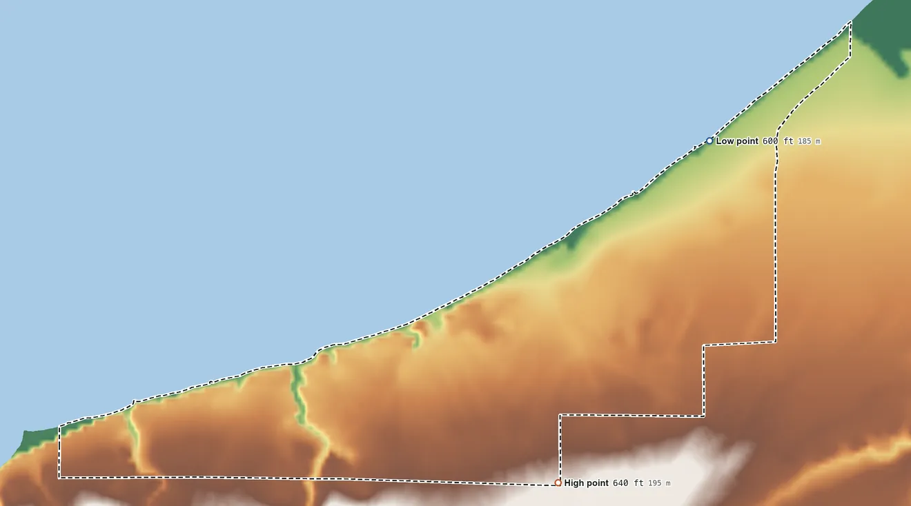 Topographic elevation map of Bayfront, Wisconsin, shaded from 600 ft on the northeast side to 640 ft on the southeast side
