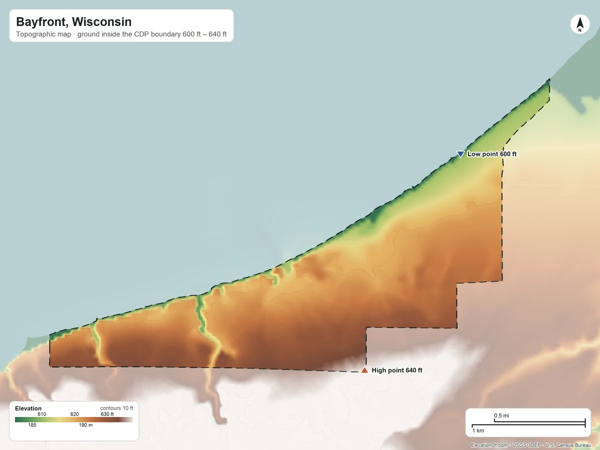 Topographic elevation map of Bayfront, Wisconsin, shaded from 600 ft on the northeast side to 640 ft on the southeast side