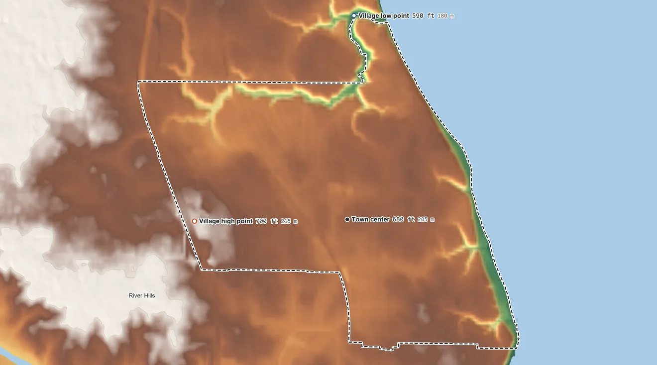 Topographic elevation map of Bayside, Wisconsin, shaded from 590 ft on the north side to 700 ft on the west side